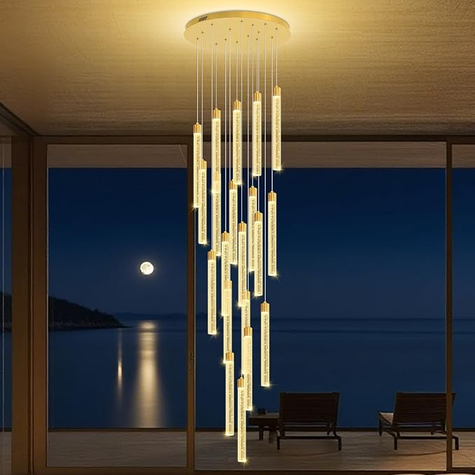 138'' Long Crystal Column Chandelier Extra Large High Ceiling Chandelier Staircase Gold 20-Lights Dimmable Led Pendant Lighting Foyer Entryway Light Source is Replaceable