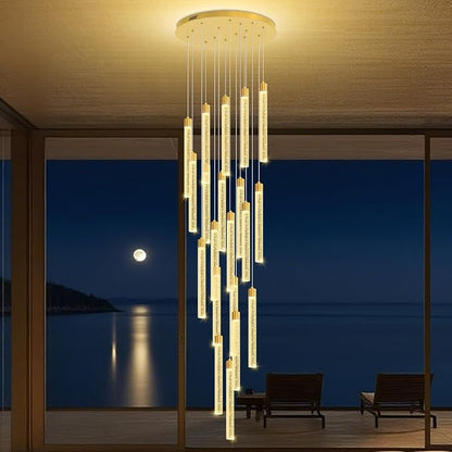 138'' Long Crystal Column Chandelier Extra Large High Ceiling Chandelier Staircase Gold 20-Lights Dimmable Led Pendant Lighting Foyer Entryway Light Source is Replaceable