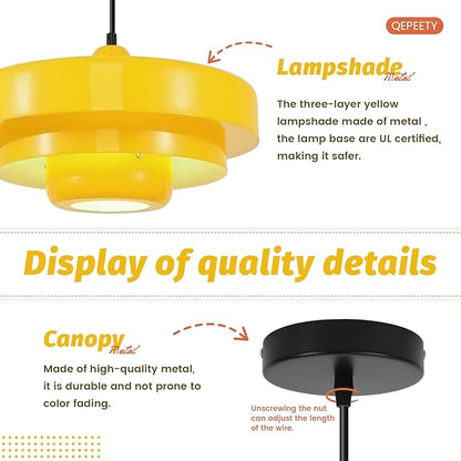 Mid Century Yellow Flush Mount Pendant Light, 3-Layer Metal Industrial Chandelier for Kitchen Island, Dining Room, Foyer, Retro Vintage Ceiling Light Fixture