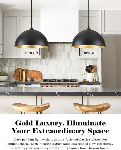 Black Pendant Lights Kitchen Island 2 Pack, 14 Inch Large Dome Pendant Light, Black and Gold Farmhouse Pendant Light, Island Pendant Lights for Kitchen, Dining Room