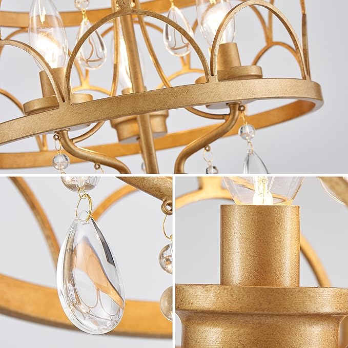 Small Crystal Chandelier, Modern Gold Crystal Chandeliers for Dining Room, Rustic Farmhouse Round Ceiling Pendant Light Fixture for Living Room, Entryway, Hallway, Bedroom, Bathroom