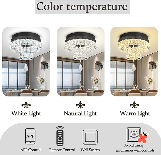 Flashing God Dia 12" Mini Chandelier Modern Crystal Chandeliers for Hallway Black Flush Mount Ceiling Light Modern Chandeliers Lighting for Bedroom Staircase Kitchen