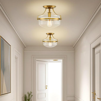 Kira Home Zurich 12" Modern Industrial Gold Semi-Flush Mount Ceiling Light with Clear Glass Schoolhouse Bowl Shade, Warm Brass Finish