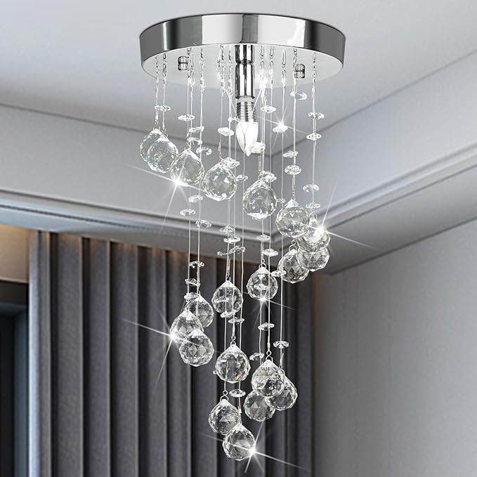 Modern Crystal Chandelier Elegant Spiral Flush Mount Chandelier Modern Raindrop Crystal Ball Chandeliers Fixture Pendant Ceiling Lamp Lighting Fixtures for Bedroom Hallway Living Room D8"x H15.8"