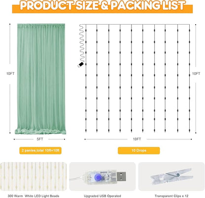 Fomcet Tulle Curtains with Lights String Green 10FT X 10FT Sheer Backdrop Curtains for Parties Wedding Baby Shower Photo Shoot Decorations (2 Panels 5x10FT)