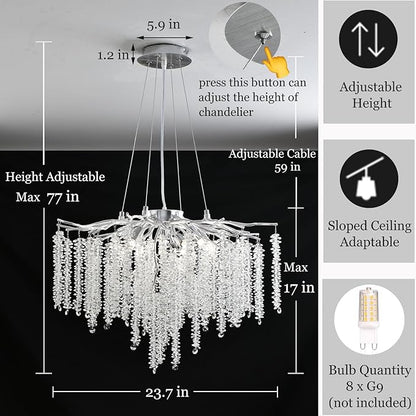 Modern Crystal Tree Branch Chandelier, D23.7'' Silver Round Raindrop Indoor Hanging Pendant Light Fixture for Dining Room Living Room Bedroom 8 Lights
