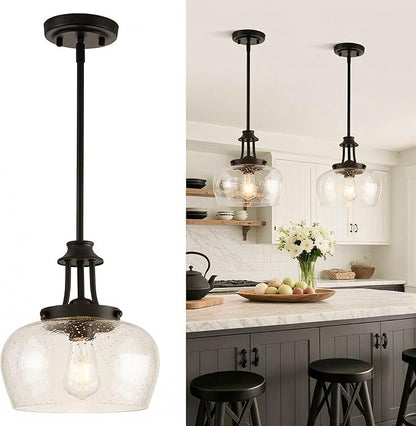 Modern Pendant Lights Kitchen Island, Matte Black Pendant Light Fixtures with 10" Clear Air Bubble Glass Shade, Industrial Hanging Pendant Lights Fixture for Kitchen Island Dining Room Entryway