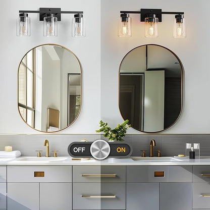 PARTPHONER 3-Light Bathroom Light Fixtures, Matte Black Vanity Light with Clear Glass Shade, Modern Wall Sconce for Mirror Bedroom Living Room Hallway Lighting