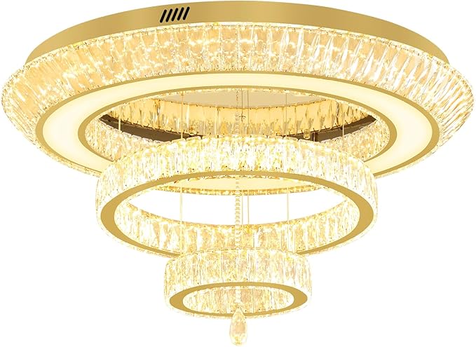 Led 40'' Gold Ring Crystal Chandelier,Modern Luxury Ceiling Lights Fixture for Dining Living Room 3-Tier Raindrop Chandeliers Lighting LED Dimmable 3000-6000K
