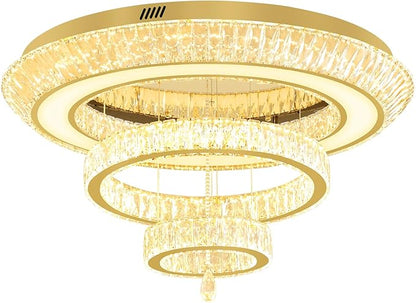 Led 40'' Gold Ring Crystal Chandelier,Modern Luxury Ceiling Lights Fixture for Dining Living Room 3-Tier Raindrop Chandeliers Lighting LED Dimmable 3000-6000K