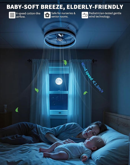 Simple Deluxe Ceiling Fan with Light 20in Low Profile Ceiling Fans with Lights and Remote Dimmable with 6 Wind Speeds Flush Mount Fandelier LED Fan Light Modern Smart for Bedroom, Black