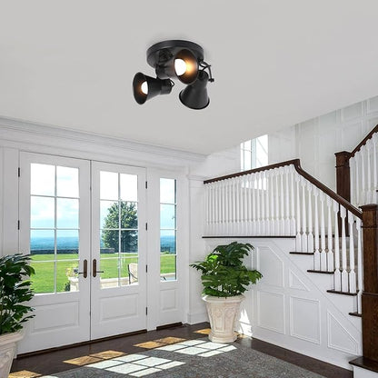 3-Light Industrial Track Lighting, Adjustable Round Kitchen Ceiling Light, Morden Black Flush Mount Directional Light for Kitchen, Hallway, Dining Room, Bathroom, Coffee Bar.
