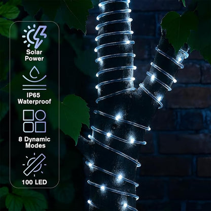 ANJAYLIA 33FT 100 LED Solar Rope Lights Outdoor Waterproof, Solar Powered Rope String Lights with 8 Modes for Outdoor, Patio, Garden, Camping, Holiday & Christmas Décor Cool White