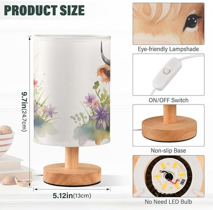 Bedside Table Lamp Cute Highland Cows Flower Nightstand Lamp with Wood Desk Lamps for Bedroom Living Room Nursery Office Home Decor