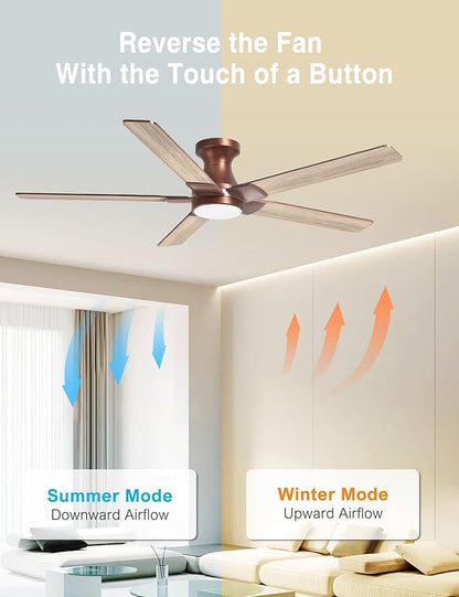 DAMINY 52 inch Brown Ceiling Fans with Lights,5 Blades,6CCT, Low Profile,Remote Control,for Bedroom, Kitchen,Living Room,Indoor/Outdoor Use,Flush Mount