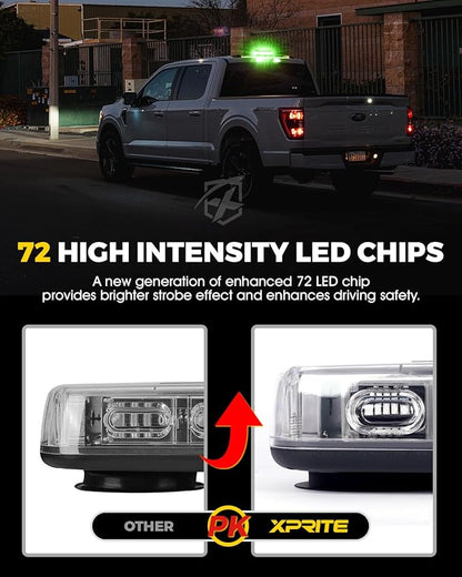 Xprite Upgraded 12" 72LED Rooftop Mini Strobe Lights, Emergency Safety Flashing Beacon Light Bar with Magnetic Base for 12V-24V Construction Vehicles, Trucks, Snow Plow, Postal Car (Green)