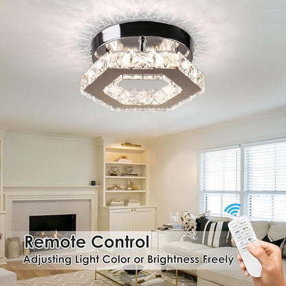 Dimmable Crystal Chandelier Mini LED Flush Mount Ceiling Light Fixture Modern Chandelier Lighting Lamp for Bedrooms Hallway Living Room Dining Room Kitchen Bar