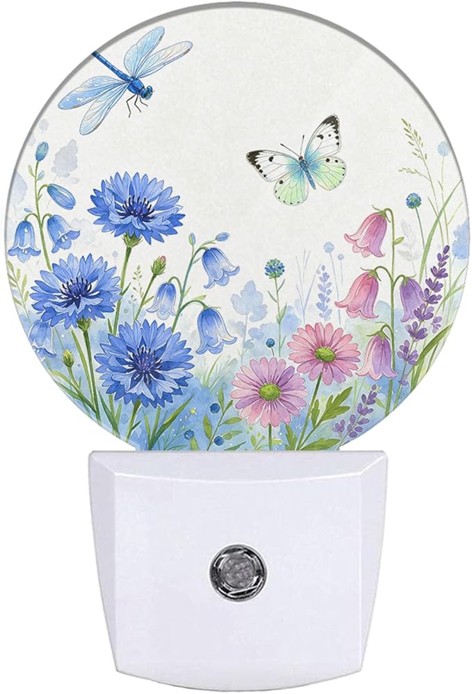 EKOBLA Butterfly & Wildflower Plug-in Night Light, Spring Garden Floral LED Nightlight with Auto Sensor for Kitchen, Bedroom & Bathroom