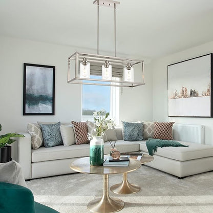 MELUCEE Rectangle Chandeliers for Dining Room Brushed Nickel Finish 3-Light Kitchen Island Lighting Modern Light Fixtures Ceiling Hanging for Hallway Living Room, Clear Glass Lampshade