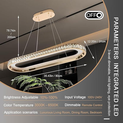Gold Modern Chandelier Led Crystal Chandelier Light Fixture Dimmable Modern Led Pendant Light for Kitchen Island Lighting Linear Chandelier with Remote 3000K-6500K