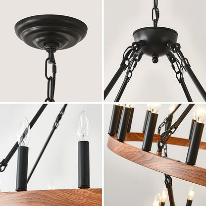 HHR 48" Wood-Grain Surface Double Tier Wagon Wheel Chandelier, 36-Light Round Farmhouse Pendant Light Fixture, Rustic Large Chandelier for Dining Room Living Room Office(Not Solid Wood) E12