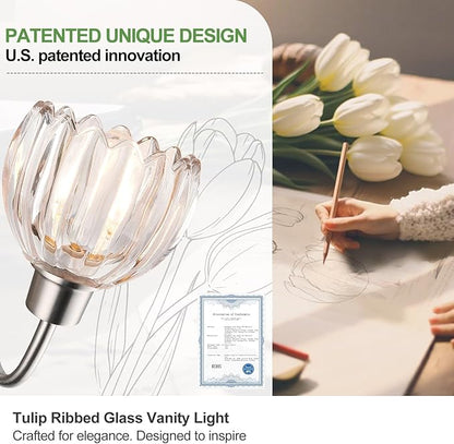 3-Light Bathroom Light Fixtures, 20" Vanity Light Over Mirror with Ribbed Clear Tulip Glass Shades, Brushed Nickel Wall Lights for Bathroom, Bedroom, Living Room, Hallway (Bulb Not Included)