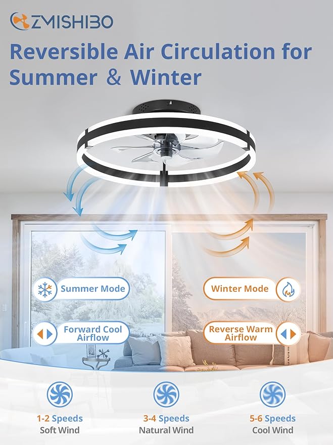 ZMISHIBO Ceiling Fans with Lights and Remote, 19.7'' Low Profile Ceiling Fan, 3000-6000K Dimmable Modern Flush Mount LED Fan Light, 6 Wind Speeds, Black Fandelier Ceiling Fans for Bedroom