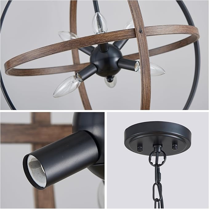 XINGQI Vintage Globe Chandelier Orb Pendant Lighting Fixtures,6-Light Sphere Lights Over Island 19.7" Black and Wood Grain Finish Chandeliers for Dining Room,Kitchen,Living Room