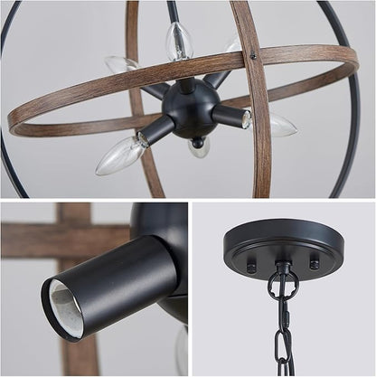 XINGQI Vintage Globe Chandelier Orb Pendant Lighting Fixtures,6-Light Sphere Lights Over Island 19.7" Black and Wood Grain Finish Chandeliers for Dining Room,Kitchen,Living Room