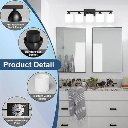 Black Bathroom Lighting Fixtures Over Mirror, 5-Light Anti-Rust Vanity Light for Bathroom, 28.34Inches Modern Wall Sconce, Standard E26 Base, Milky White Glass Shades, Bulbs Not Included