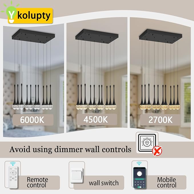 ykolupty Rectangular Chandeliers for Living Room Black Dining Room Lights Fixture Raindrop Pendant Lights Kitchen Island Crystal Chandelier for Staircase Hallway Foyer Entryway