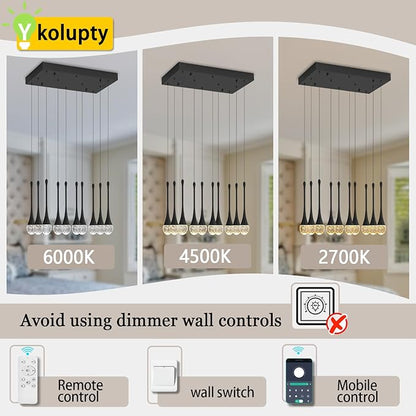 ykolupty Rectangular Chandeliers for Living Room Black Dining Room Lights Fixture Raindrop Pendant Lights Kitchen Island Crystal Chandelier for Staircase Hallway Foyer Entryway