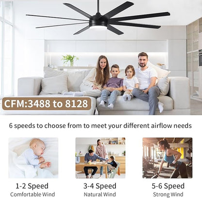 YUHAO 72 Inch Black Ceiling Fan with Light and Remote Control.Noiseless,Dimmable,3CCT,6 Speeds Reversible, DC Ceiling Fans for Indoor or Covered Outdoor Use.ETL Listed