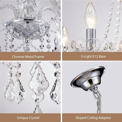 5-Light Modern Candle Crystal Glass Chandelier Pendant Ceiling Lighting Fixture for Dining Room Kitchen Hallway Living Room Bedroom Bar Closet, 23" Chrome Contemporary Elegant Lamp