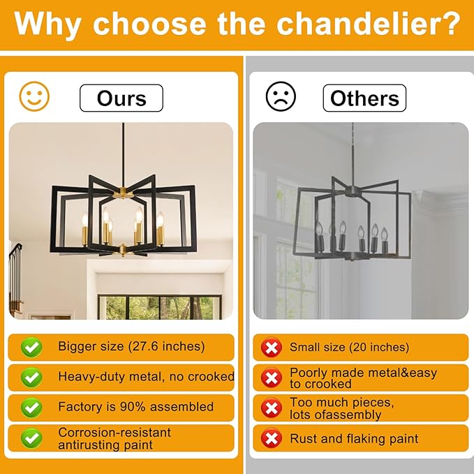 27.6" Modern Black and Gold Chandelier for Dining Room, 8-Light Easy To Install Farmhouse Dining Room Light Fixture Over Table, Industrial Hanging Pendant Lights for Kitchen Island, Foyer, Entryway