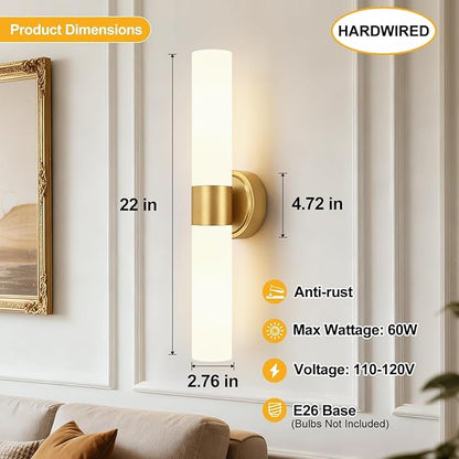 Hardwired Wall Sconces Set of Two, Modern Bathroom Sconces Wall Lighting with Milky White Glass, Brushed Gold Sconces Wall Decor Set of 2 for Bathroom Mirror Bedroom Living Room Hallway