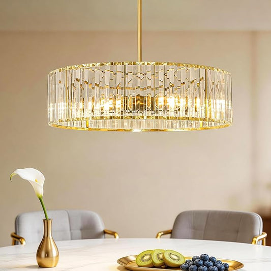 Gold Crystal Chandelier for Dining Room, 6-Light Modern Semi Flush Mount Ceiling Lighting Fixtures, Round Kitchen Fixtures Ceiling, Hanging Drum Pendant Lights for Living Room Bedroom Foyer, 19IN, E26