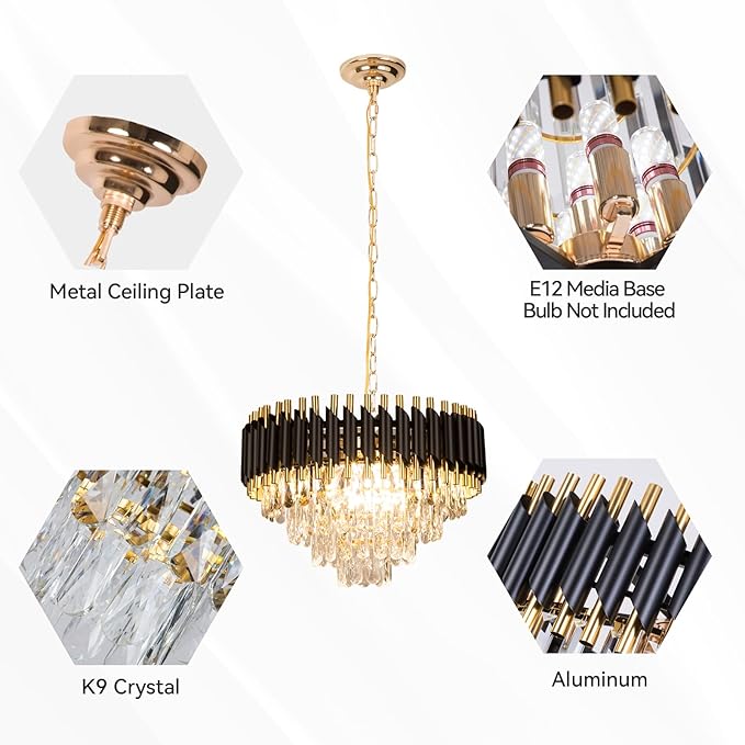 FRIXCHUR Modern Crystal Chandelier 20" Black Flush Mount Led Crystal Ceiling Light 4 Tiers Raindrop Crystal Pendant Light Led Chandelier for Bedroom Dining Room Entryway E12*7(Exclud Bulbs)