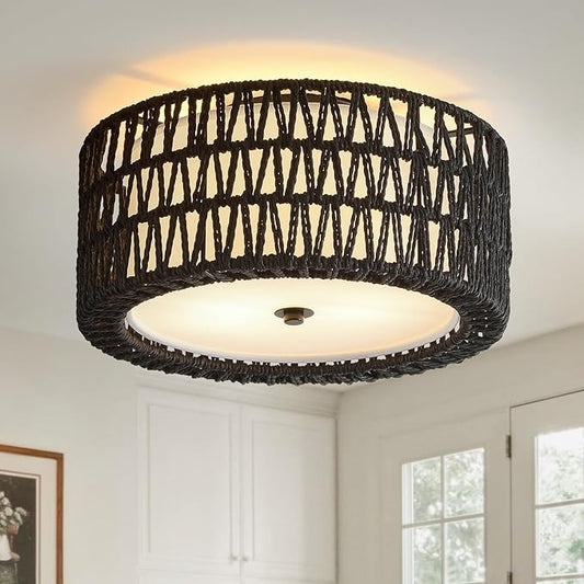 Boho Black Ceiling Light Fixtures 2-Light Rattan Flush Mount Ceiling Light, 12.6" Modern Light Fixture Close to Ceiling Light for Bedroom Nursery Foyer Hallway Entryway Kids Room