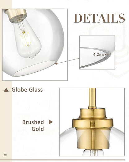 8 inch Modern Gold Pendant Light Fixtures, Mid Century Globe Pendant Lights with Clear Glass, 1 Light Hanging Lights for Kitchen Island, Bathroom, Dining Room (1 Pack), PL101BG-L