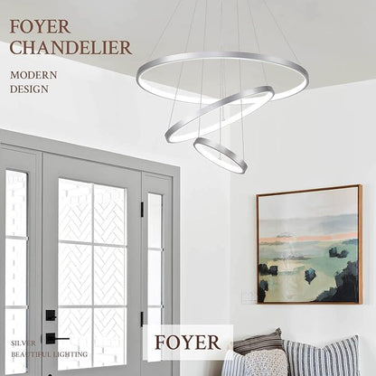 3 Ring Modern LED Chandelier Silver Dimmable Round Chandeliers, LED Circular Pendant Light Fixture with Remote Control for Living Room, Dining Room, Office, Entry, Bedroom