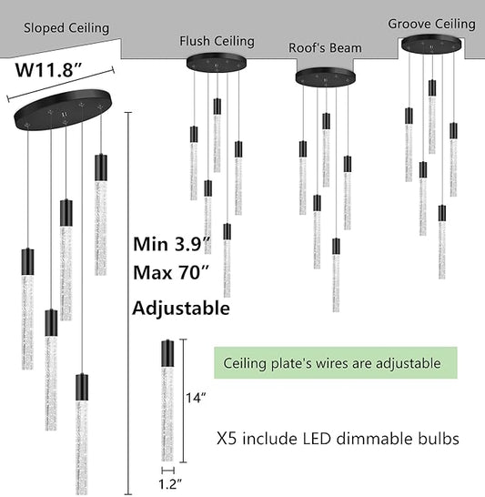 HAIXIANG 5-Lights Chandelier Modern Crystal Glam Light Remote Dimmable Pendant Lighting for Kitchen Island Dining Room Matte Black Light
