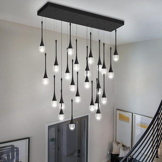 ykolupty 24-Lights Rectangular Chandelier Crystal Raindrop Chandeliers Flush Mount Ceiling Light for Dining Room Living Room High Ceiling Chandelier for Staircase Foyer Entryway Black Chandeliers