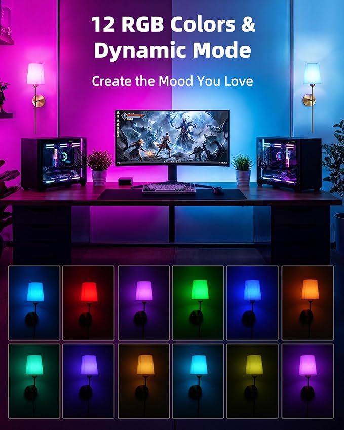 EZVALO Battery Operated Wall Sconces Set of 2, 7500mAh, RGB, Rechargeable Wall Lights with Remote, Dimmable, Magnetic Bulbs, No-Wiring Installation, Wireless Wall Lamps for Bedroom, Living Room