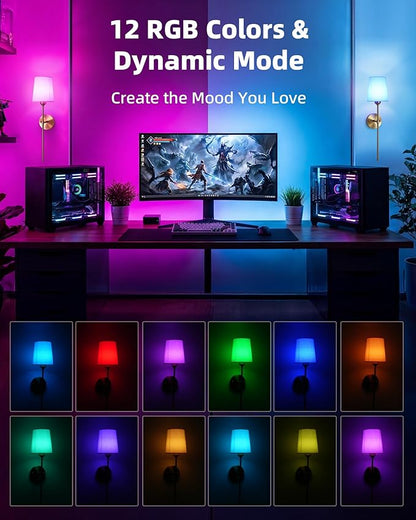 EZVALO Battery Operated Wall Sconces Set of 2, 7500mAh, RGB, Rechargeable Wall Lights with Remote, Dimmable, Magnetic Bulbs, No-Wiring Installation, Wireless Wall Lamps for Bedroom, Living Room