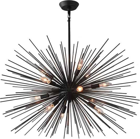 33.85" Black Sputnik Chandelier Vintage 12-Light Geometric Starburst Chandelier Light Fixture Large Solid Metal Black Sputnik Chandeliers for Dining Room, Kitchen, Bedroom, Living Room, E12