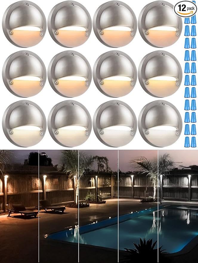 LEONLITE 12-Pack Update 5CCT LED Low Voltage Deck Lights, 180LM 3.5inch Landscape Step Railing Fence Light, 12-24V AC/DC, CRI90, Die-cast Aluminum Housing & Frosted Glass Lens, UL Cord, Satin Nickel
