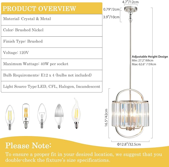 4-Light Brushed Nickel Crystal Chandelier Mini Pendant Lighting 12.8" Crystal Lamp for Closet Bedroom Foyer Dining Room Hanging Ceiling Light Fixture