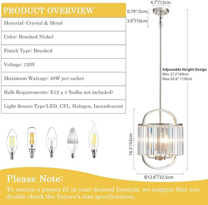 4-Light Brushed Nickel Crystal Chandelier Mini Pendant Lighting 12.8" Crystal Lamp for Closet Bedroom Foyer Dining Room Hanging Ceiling Light Fixture