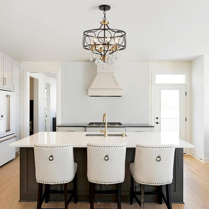 Crystal Chandeliers for Dining Room,17.7" Black and Gold 6 Lights Hanging Pendant Lighting Fixture Metal Farmhouse Chandelier for Kitchen Island Entryway Living Room